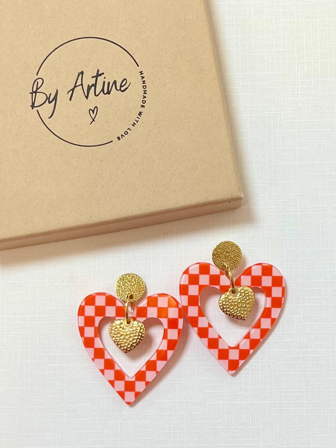 Boucles d'oreilles - Big Love - Big Love coeur martelé - vichy rouge BY ARTINE