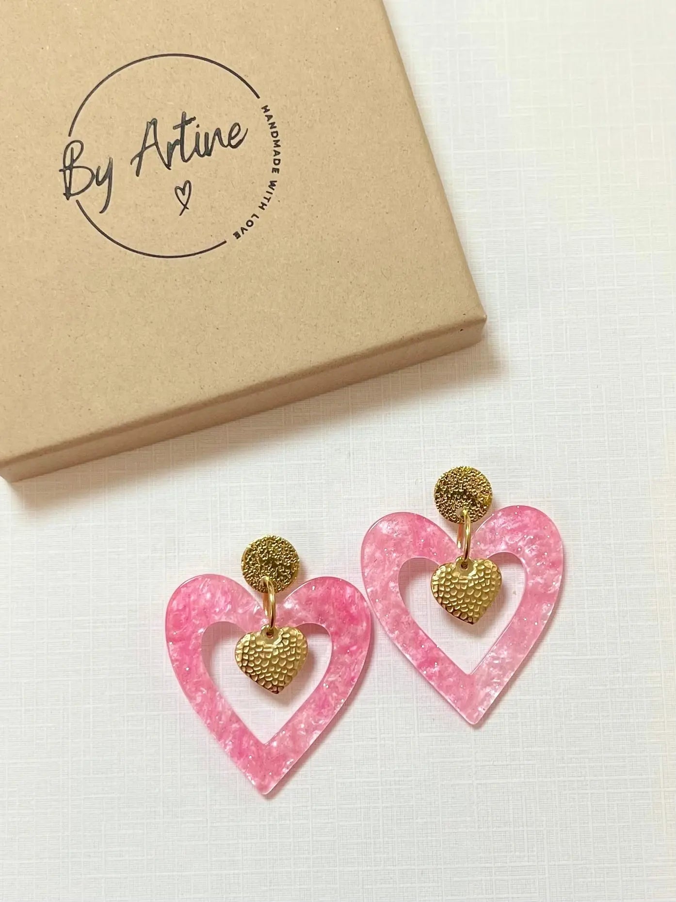 Boucles d'oreilles - Big Love - Big Love coeur martelé - rose pailleté BY ARTINE