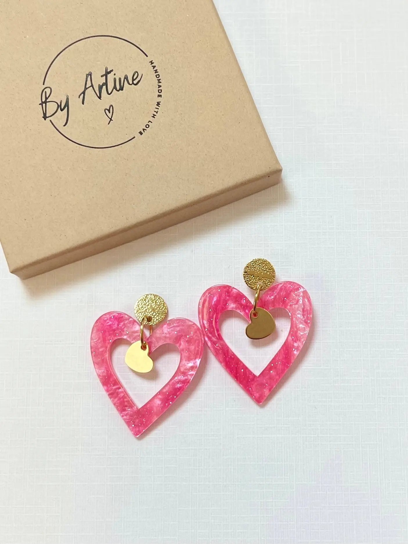 Boucles d'oreilles - Big Love - Big Love petit coeur - rose pailleté BY ARTINE