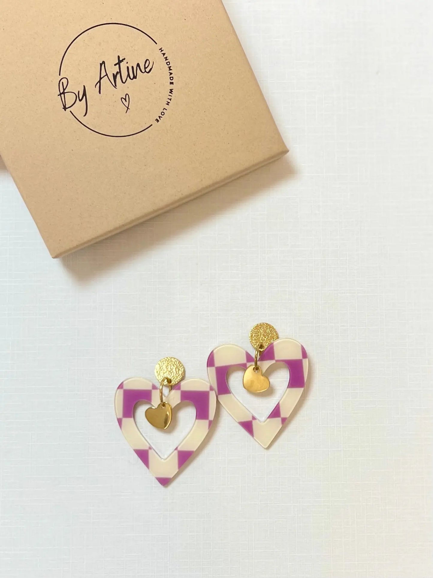 Boucles d'oreilles - Big Love petit coeur - carreaux violet BY ARTINE