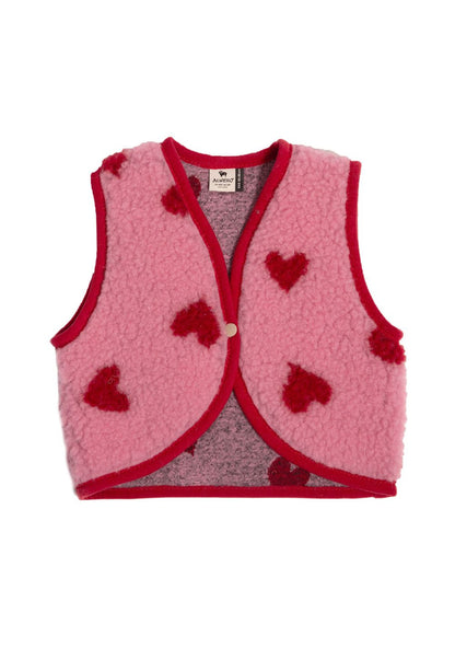 Gilet bébé sans manche laine - rose & rouge coeurs - BY ARTINE - Alwero