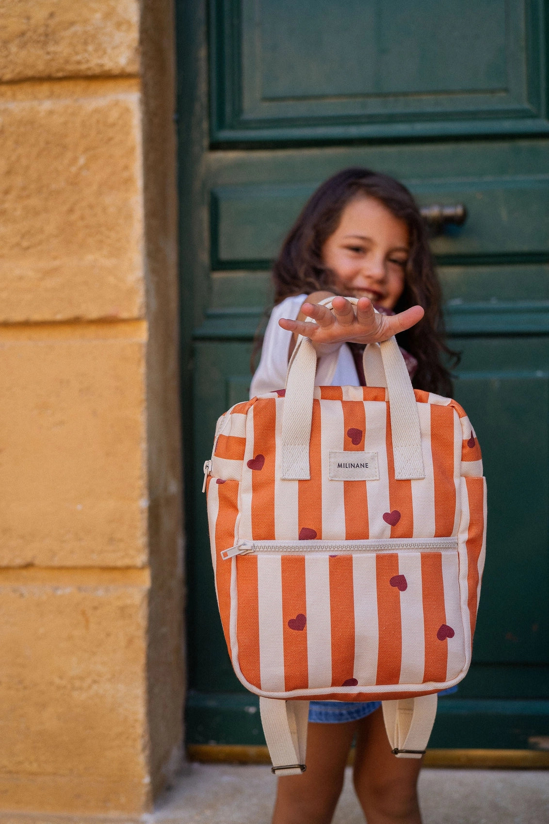 Sac a dos enfant - Rayures caramel coeurs