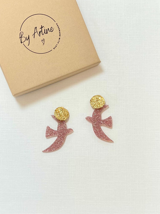 Boucles d'oreilles - Sprintime - oiseaux rose pailleté