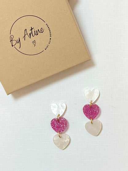 Boucles d'oreilles - Octobre Rose - Coeurs en trio