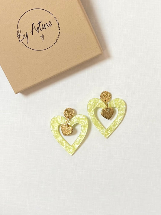 Boucles d'oreilles - Big Love - coeur martelé - vert