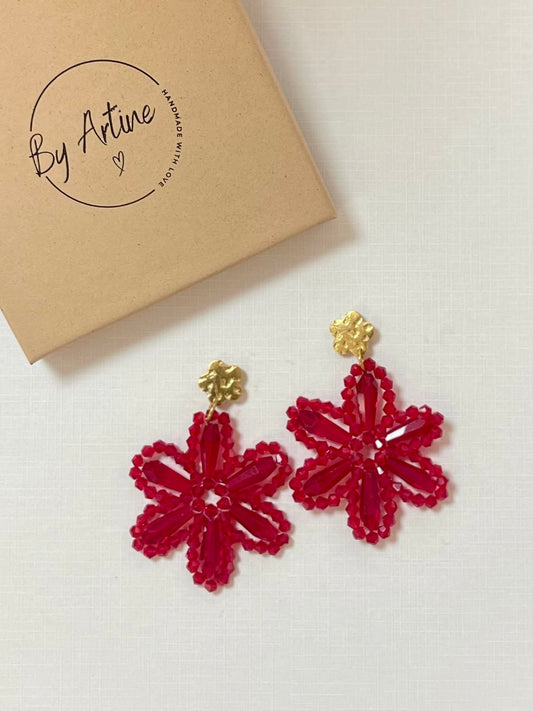 Boucles d'oreilles - Grandes fleurs perlées rouges BY ARTINE