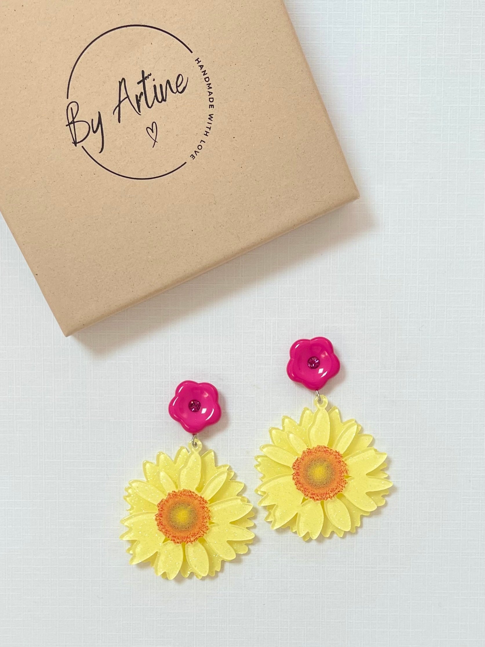 Boucles d'oreilles - Marguerites jaune/rose BY ARTINE